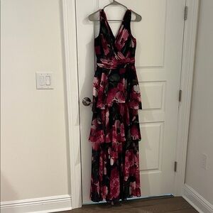 Xscape Magenta and Black Floral Tiered Maxi Dress